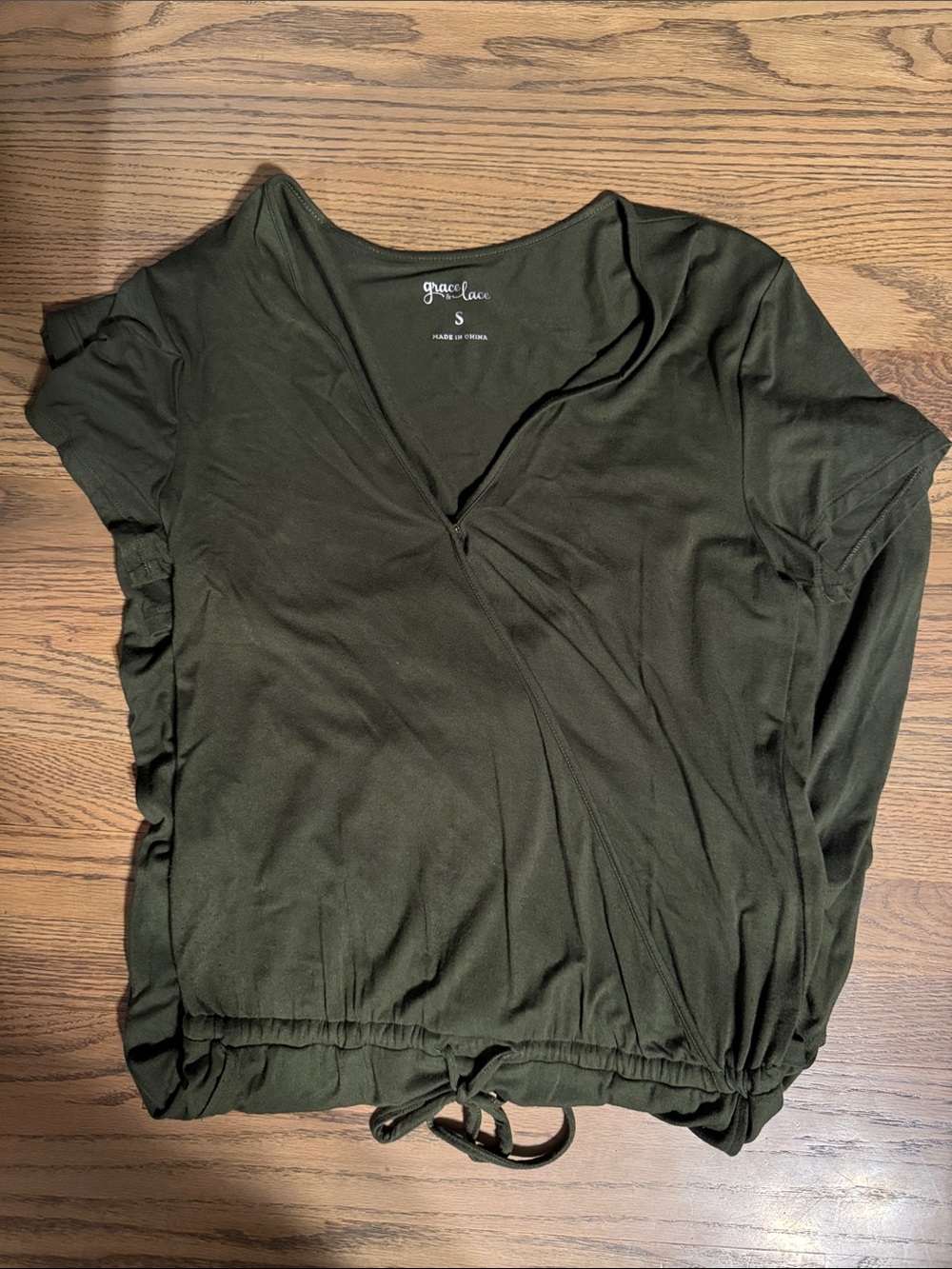 Grace & Lace Olive Wrap-Style V-Neck Blouse with Drawstring Hem